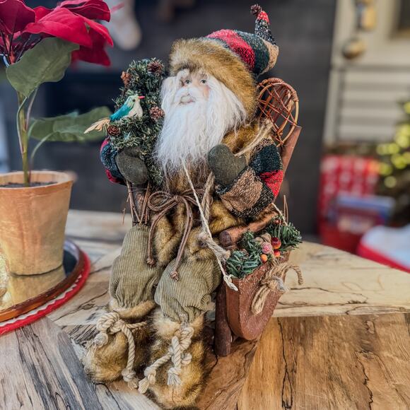 Woodland Mountain Man Santa in Wooden Twig Chair w/ Bird & Snow Shoes, 14"H - Picture 3 of 15